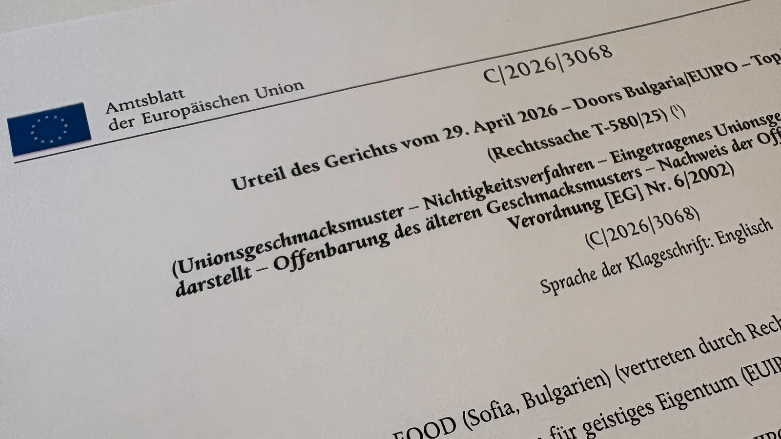 EuG T-580/25 im Amtsblatt – Slopek Rechtsanwälte Abdruck des EuG-Urteils T-580/25 vom 29.04.2026 im Amtsblatt der Europäischen Union zur Wayback Machine im Designrecht