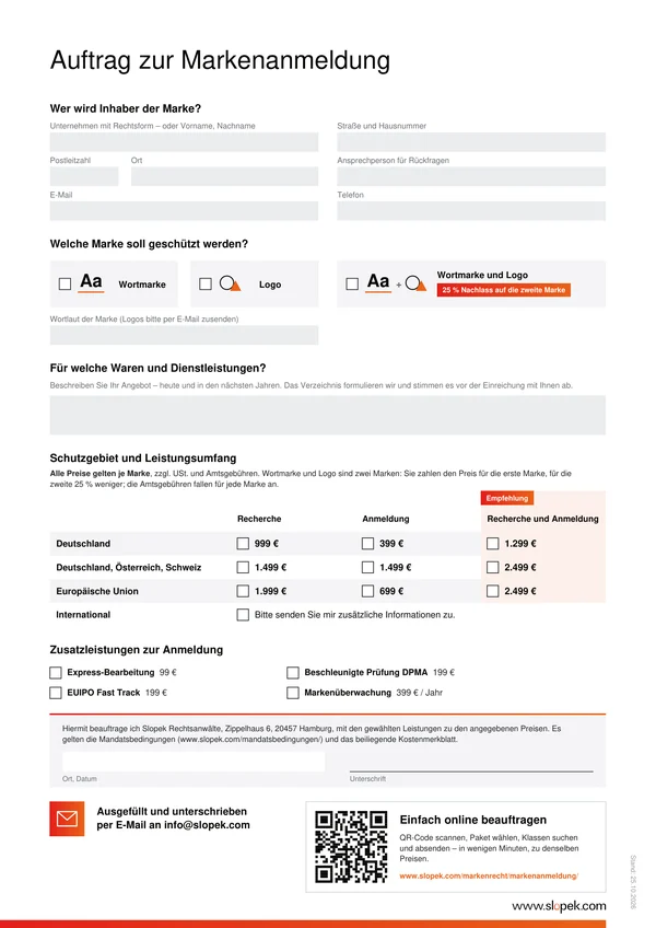 Formular Markenanmeldung zum Herunterladen – Slopek Rechtsanwälte Vorschau der ersten Seite des PDF-Formulars Auftrag zur Markenanmeldung mit Feldern für Inhaber, Marke und Schutzgebiet