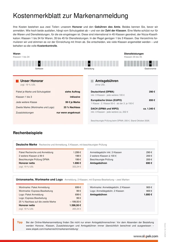 Seite 2 des Formulars: Kostenmerkblatt zur Markenanmeldung