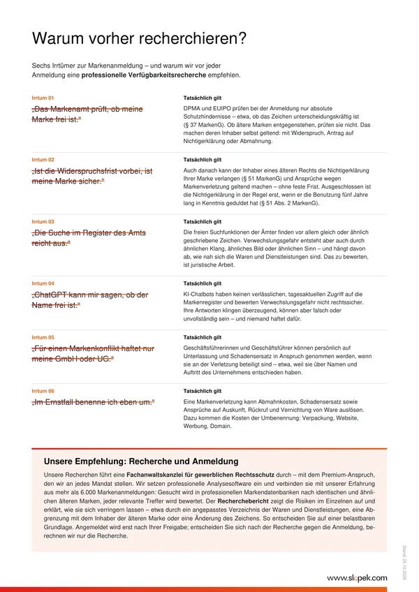 Seite 3 des Formulars: sechs Irrtümer zur Markenanmeldung